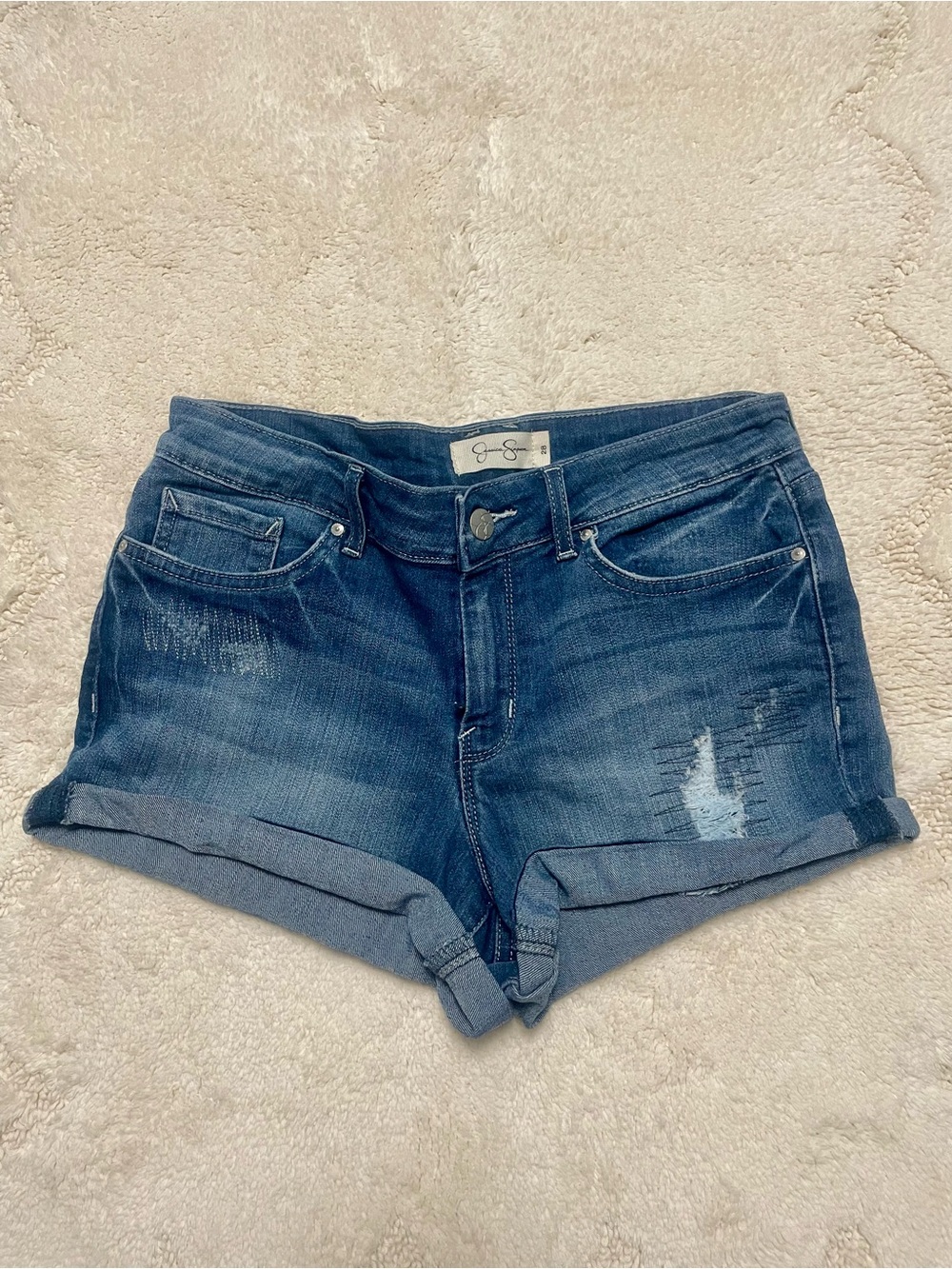 Jessica Simpson Forever Cuffed Denim Shorts Size 28 Distressed Blue